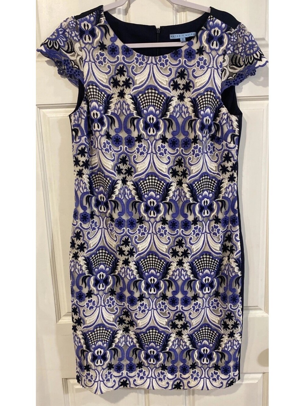 ANTONIO MELANI Sz. 12 Blue White Floral Overlay Embroidered Cyrus Dress MOB $179